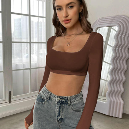 Long Sleeve Slim Fitted Crop Tops for Women Square Neck Going Out Tees Shirt