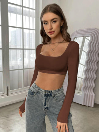 Long Sleeve Slim Fitted Crop Tops for Women Square Neck Going Out Tees Shirt