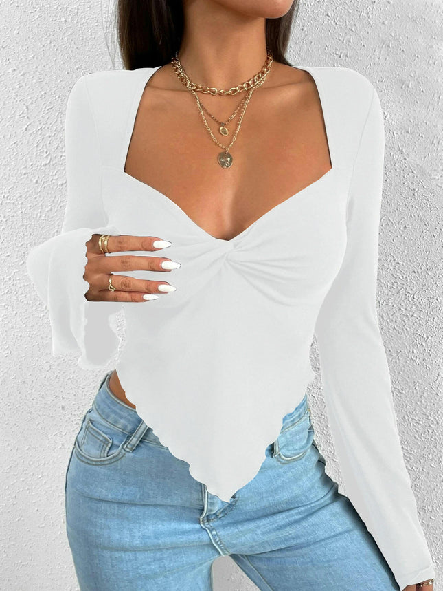 Women's Sexy Long Sleeve Crop Top Sweetheart Neck Going Out Twist Front Slim Fit T Shirts