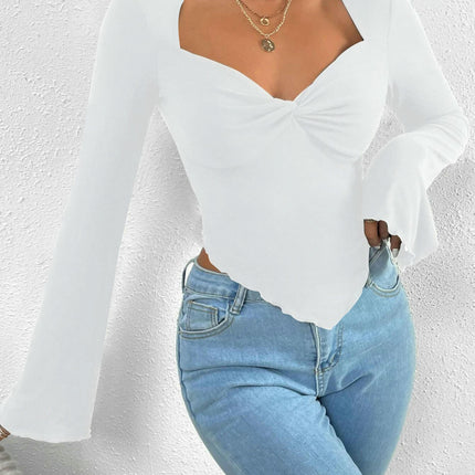 Women's Sexy Long Sleeve Crop Top Sweetheart Neck Going Out Twist Front Slim Fit T Shirts
