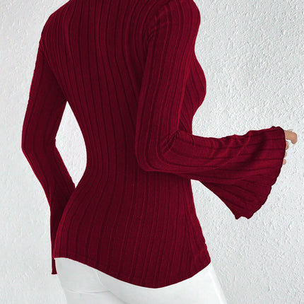 Women's Wrap Bell Long Sleeve T Shirt Deep V Neck Ribbed Knit Tee Tops