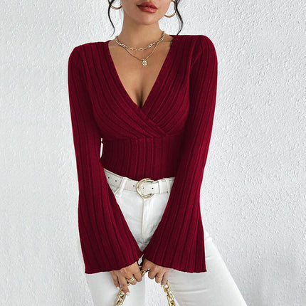 Women's Wrap Bell Long Sleeve T Shirt Deep V Neck Ribbed Knit Tee Tops