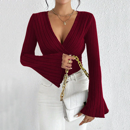 Women's Wrap Bell Long Sleeve T Shirt Deep V Neck Ribbed Knit Tee Tops