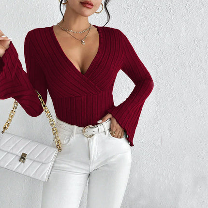 Women's Wrap Bell Long Sleeve T Shirt Deep V Neck Ribbed Knit Tee Tops