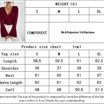 Women's Wrap Bell Long Sleeve T Shirt Deep V Neck Ribbed Knit Tee Tops