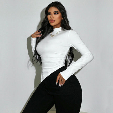 Womens Mock Neck Long Sleeve Ruched Shirts Asymmetric Hem Going Out Tops