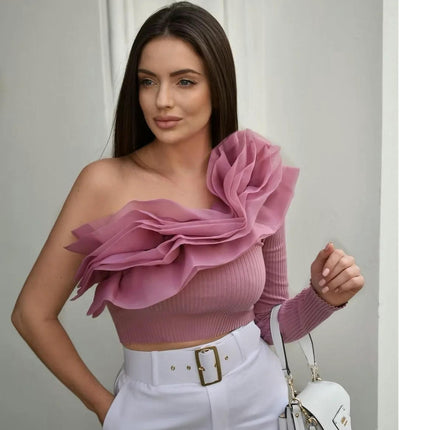 Women's Ruffle Trim Shirt Tops Long Sleeve Slim Fit One Off Shoulder Blouse