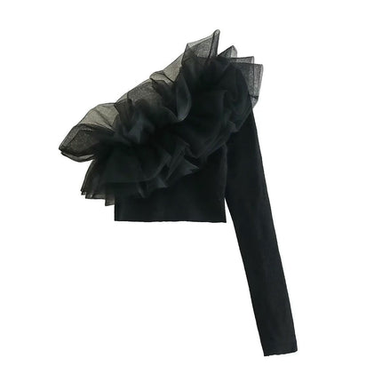 Women's Ruffle Trim Shirt Tops Long Sleeve Slim Fit One Off Shoulder Blouse