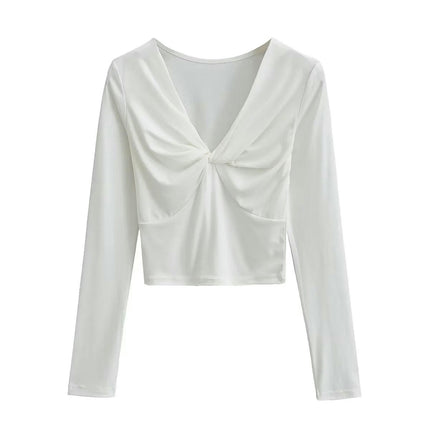 Women's Twist Front V Neck Top Long Sleeve Sexy Slim Fit Crop Tee Shirt