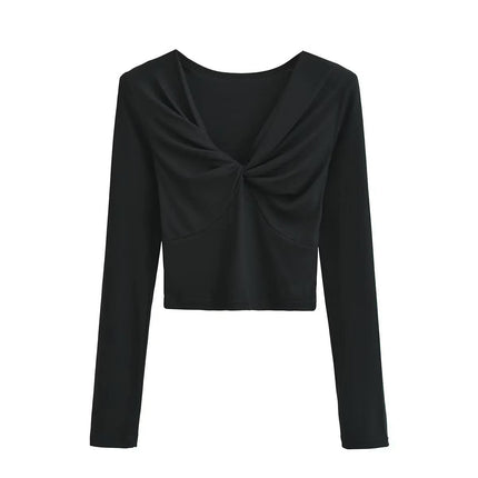Women's Twist Front V Neck Top Long Sleeve Sexy Slim Fit Crop Tee Shirt