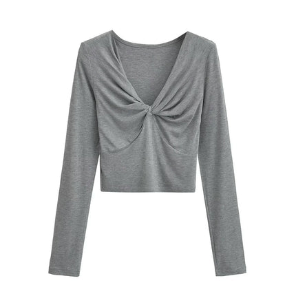 Women's Twist Front V Neck Top Long Sleeve Sexy Slim Fit Crop Tee Shirt