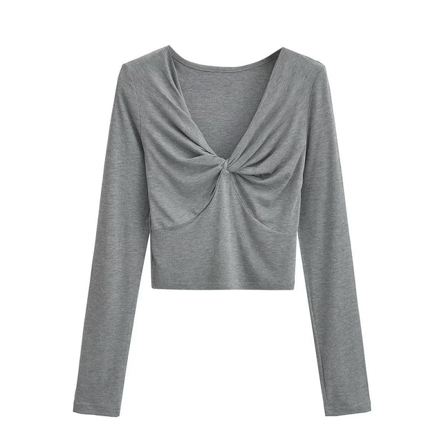 Women's Twist Front V Neck Top Long Sleeve Sexy Slim Fit Crop Tee Shirt