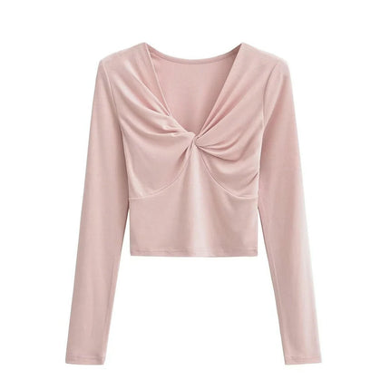 Women's Twist Front V Neck Top Long Sleeve Sexy Slim Fit Crop Tee Shirt