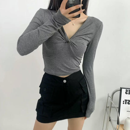 Women's Twist Front V Neck Top Long Sleeve Sexy Slim Fit Crop Tee Shirt