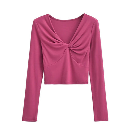 Women's Twist Front V Neck Top Long Sleeve Sexy Slim Fit Crop Tee Shirt