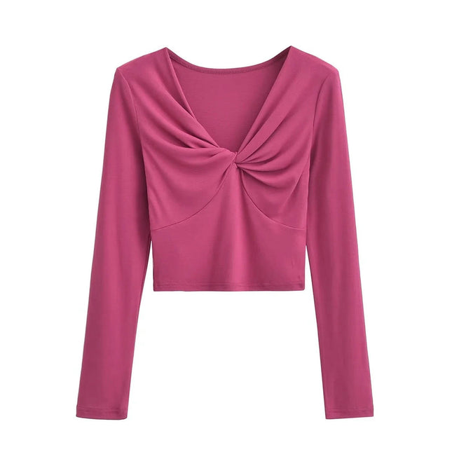 Women's Twist Front V Neck Top Long Sleeve Sexy Slim Fit Crop Tee Shirt