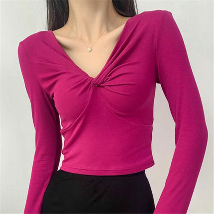 Women's Twist Front V Neck Top Long Sleeve Sexy Slim Fit Crop Tee Shirt