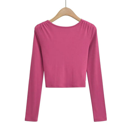 Women's Twist Front V Neck Top Long Sleeve Sexy Slim Fit Crop Tee Shirt