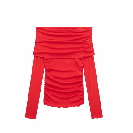 Off The Shoulder Tops for Women Long Sleeve Ruched Going Out Shirt Fitted Tee