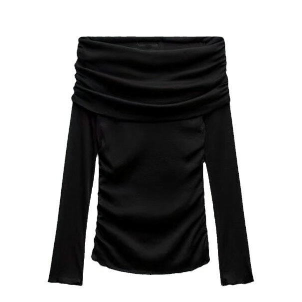 Off The Shoulder Tops for Women Long Sleeve Ruched Going Out Shirt Fitted Tee
