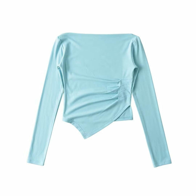 Women's Casual Long Sleeve Boat Neck Slim Fit Crop Top Asymmetric Hem Going Out Shirts