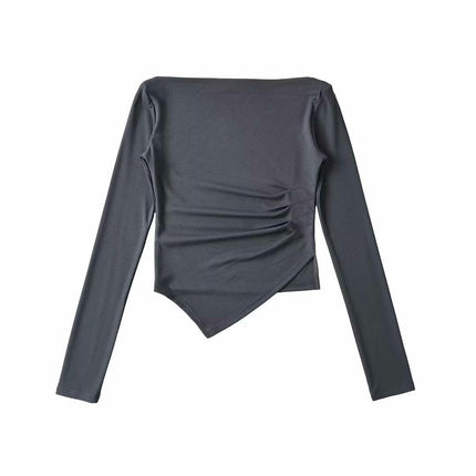 Women's Casual Long Sleeve Boat Neck Slim Fit Crop Top Asymmetric Hem Going Out Shirts