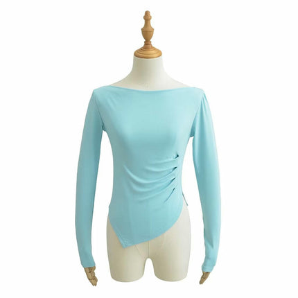 Women's Casual Long Sleeve Boat Neck Slim Fit Crop Top Asymmetric Hem Going Out Shirts