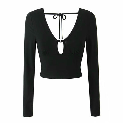 Women's Sexy Deep V Neck Long Sleeve Cut Out T Shirt Tie Backless Slim Fitted Crop Top