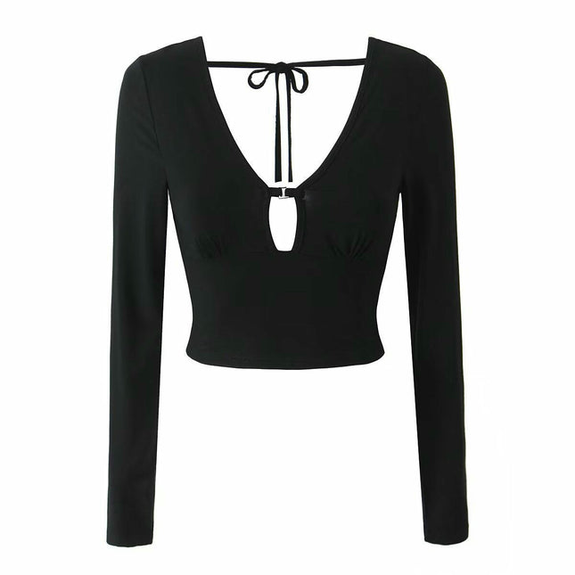 Women's Sexy Deep V Neck Long Sleeve Cut Out T Shirt Tie Backless Slim Fitted Crop Top