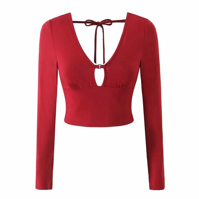 Women's Sexy Deep V Neck Long Sleeve Cut Out T Shirt Tie Backless Slim Fitted Crop Top