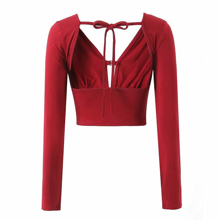 Women's Sexy Deep V Neck Long Sleeve Cut Out T Shirt Tie Backless Slim Fitted Crop Top