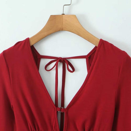 Women's Sexy Deep V Neck Long Sleeve Cut Out T Shirt Tie Backless Slim Fitted Crop Top