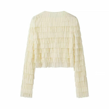 Women's Casual Long Sleeve Crew Neck Crop Top Tassel Cardigan Going Out Shirts