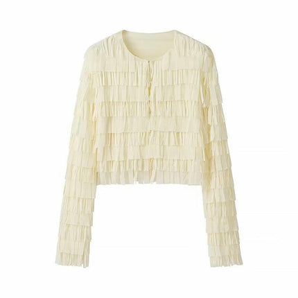 Women's Casual Long Sleeve Crew Neck Crop Top Tassel Cardigan Going Out Shirts