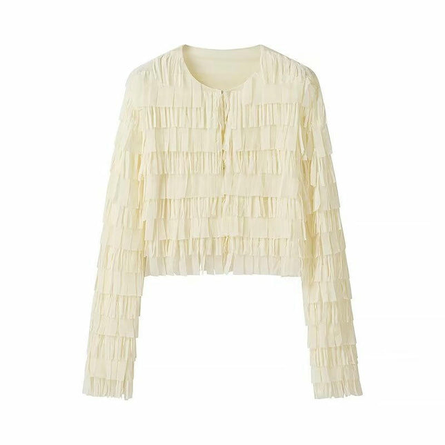 Women's Casual Long Sleeve Crew Neck Crop Top Tassel Cardigan Going Out Shirts