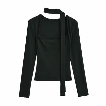 Women's Sexy Square Neck Long Sleeve Going Out T Shirt Top with Self-Tie Scarf