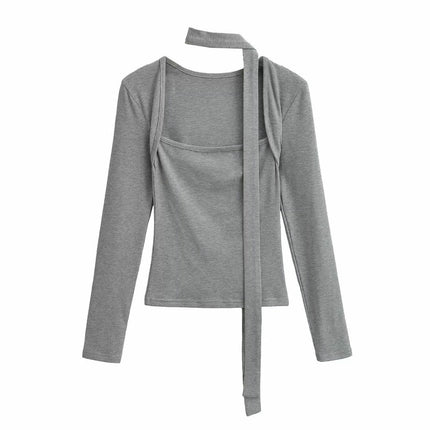 Women's Sexy Square Neck Long Sleeve Going Out T Shirt Top with Self-Tie Scarf