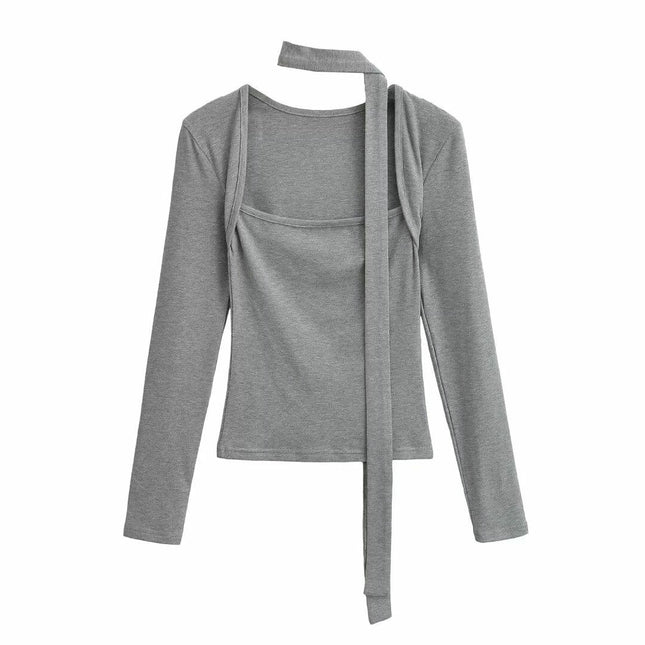 Women's Sexy Square Neck Long Sleeve Going Out T Shirt Top with Self-Tie Scarf
