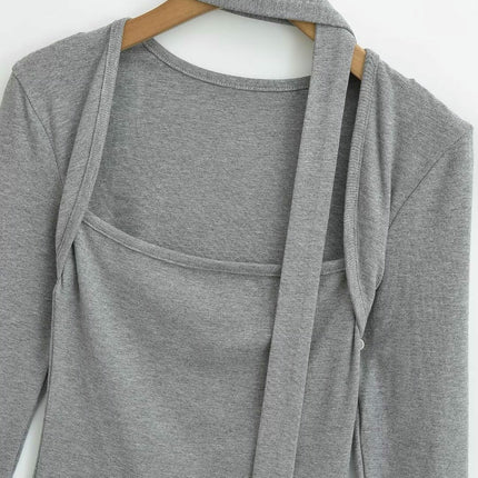 Women's Sexy Square Neck Long Sleeve Going Out T Shirt Top with Self-Tie Scarf