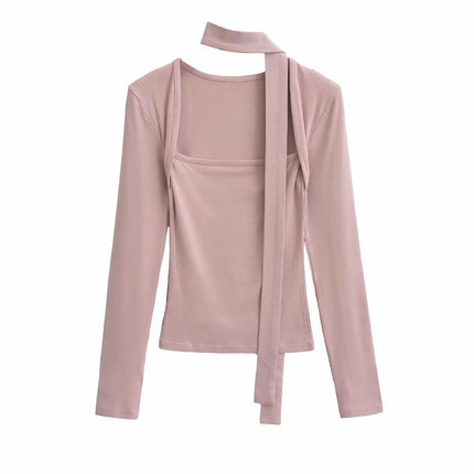 Women's Sexy Square Neck Long Sleeve Going Out T Shirt Top with Self-Tie Scarf