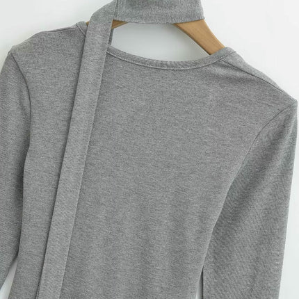 Women's Sexy Square Neck Long Sleeve Going Out T Shirt Top with Self-Tie Scarf