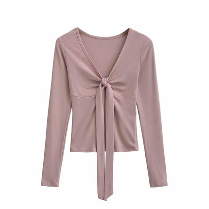 Women's Tie Front V Neck Crop Top Long Sleeve Slim Fit Tee Shirt