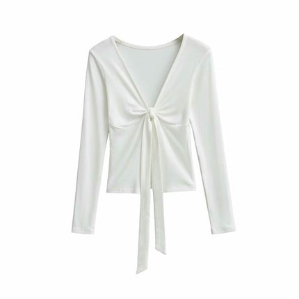 Women's Tie Front V Neck Crop Top Long Sleeve Slim Fit Tee Shirt