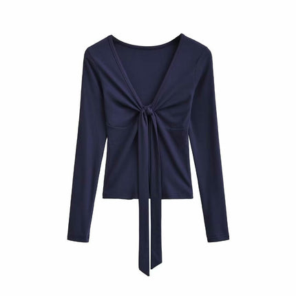 Women's Tie Front V Neck Crop Top Long Sleeve Slim Fit Tee Shirt
