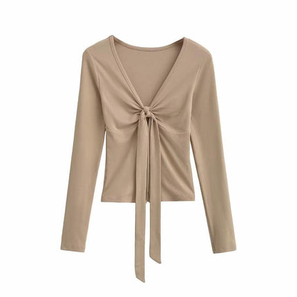 Women's Tie Front V Neck Crop Top Long Sleeve Slim Fit Tee Shirt