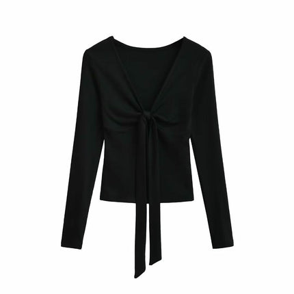 Women's Tie Front V Neck Crop Top Long Sleeve Slim Fit Tee Shirt