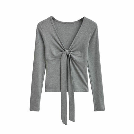 Women's Tie Front V Neck Crop Top Long Sleeve Slim Fit Tee Shirt