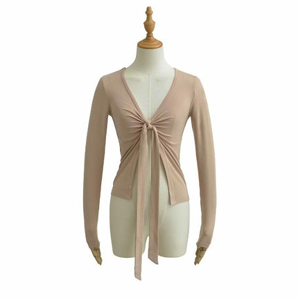 Women's Tie Front V Neck Crop Top Long Sleeve Slim Fit Tee Shirt