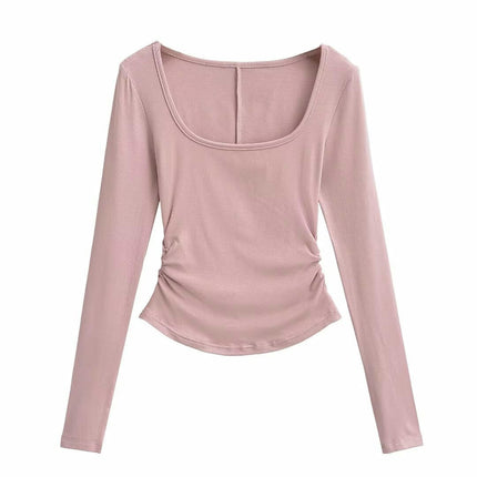 Women Square Neck Long Sleeve Tops Ruched Slim Fit Going Out T Shirts