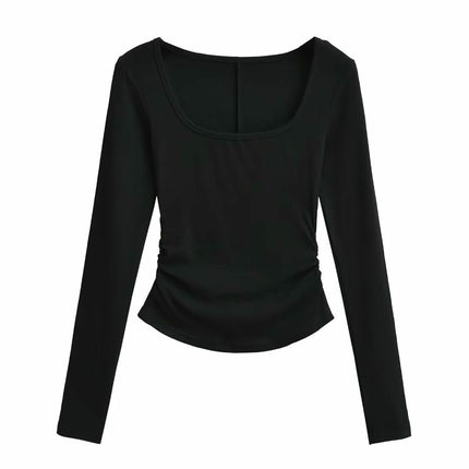 Women Square Neck Long Sleeve Tops Ruched Slim Fit Going Out T Shirts